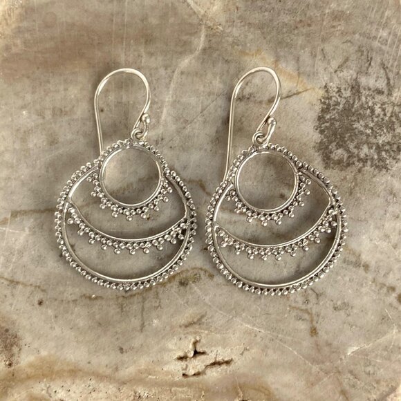 Sterling Silver 925 ATI ID 1.5" Round Bali Bead Style Dangle Earrings - Picture 8 of 16